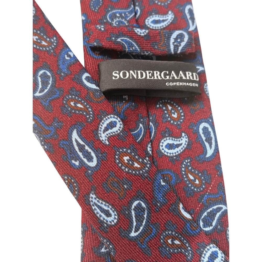 Sondergaard Copenhagen Burgundy Paisley 100% Wool Necktie Mens Blue White Tie